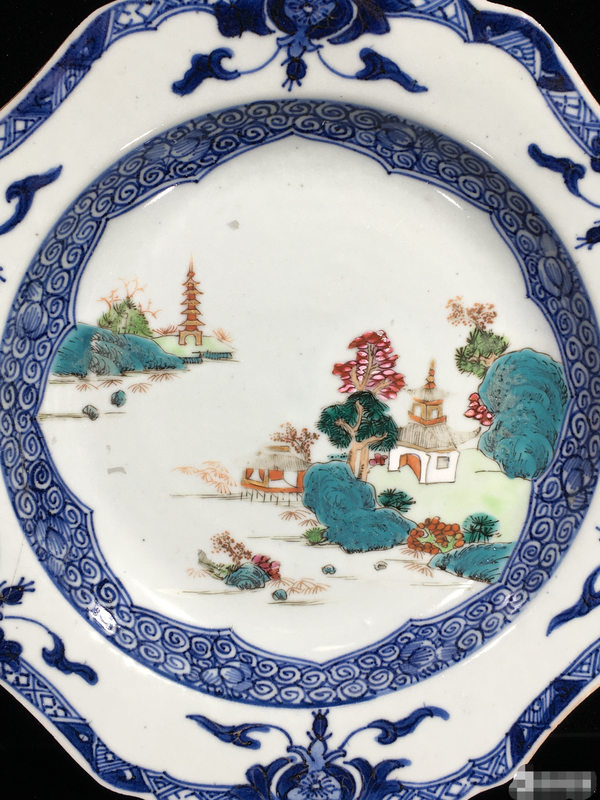 古玩陶瓷【同等中的極品】乾隆粉彩山水風(fēng)景亭臺樓閣紋飾花口大盤拍賣,當(dāng)前價格888元