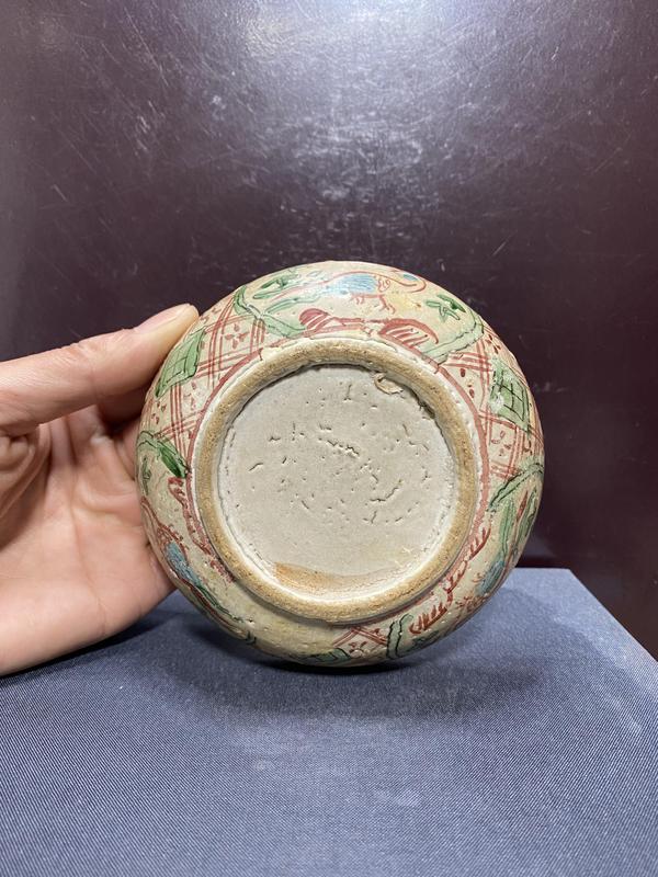 古玩陶瓷明紅綠彩開窗鳳紋粉盒拍賣,當前價格2980元