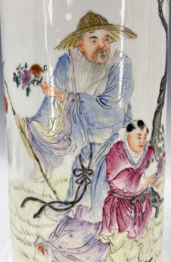 古玩陶瓷民國?粉彩陶淵明愛菊帽筒一對拍賣，當(dāng)前價格5000元