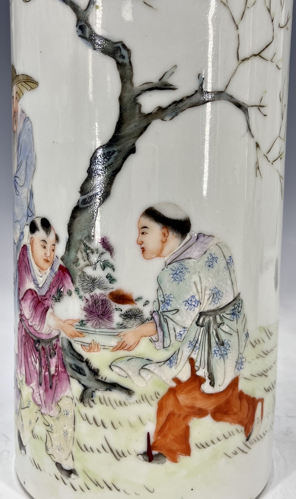 古玩陶瓷民國?粉彩陶淵明愛菊帽筒一對拍賣,當前價格5000元