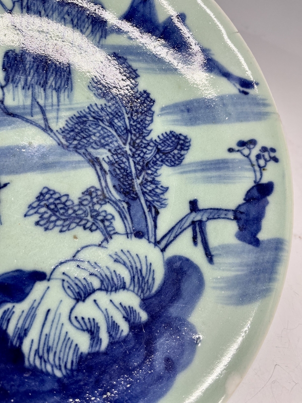 古玩陶瓷清中期?豆青釉青花山水人物盤拍賣,當前價格1888元