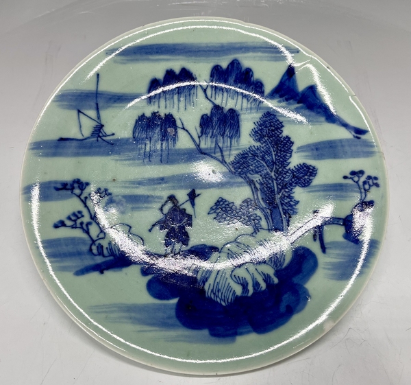古玩陶瓷清中期?豆青釉青花山水人物盤拍賣,當前價格1888元