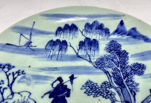 古玩陶瓷清中期?豆青釉青花山水人物盤拍賣,當前價格1888元