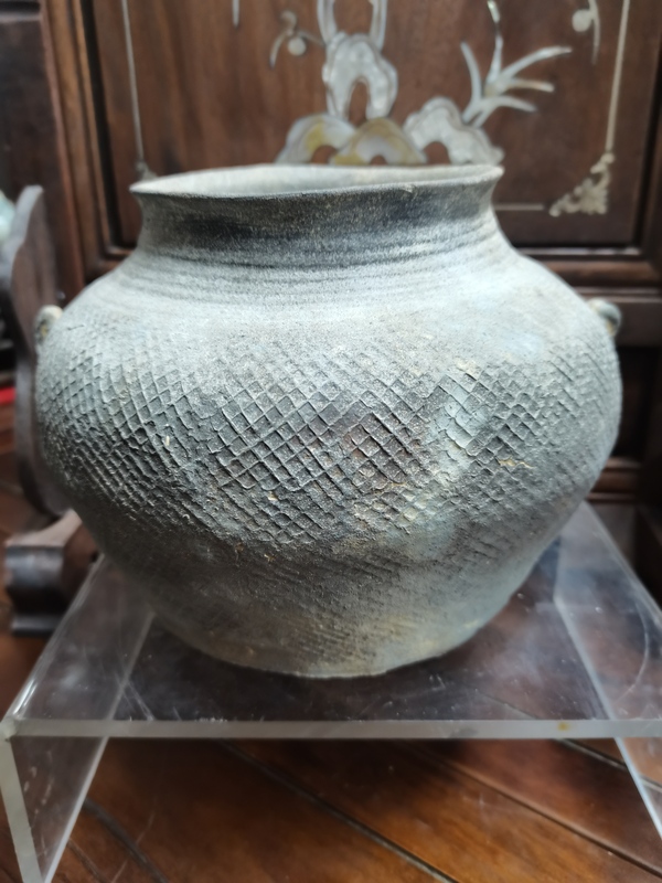 古玩陶瓷戰漢灰陶印紋雙系罐拍賣,當前價格3888元