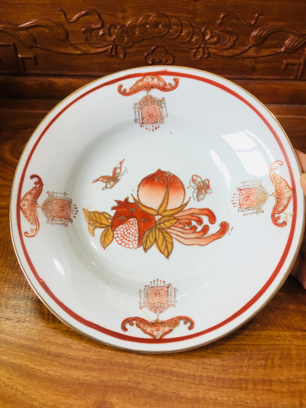 古玩陶瓷礬紅彩描金福壽三多紋勺杯盤拍賣,當前價格688元