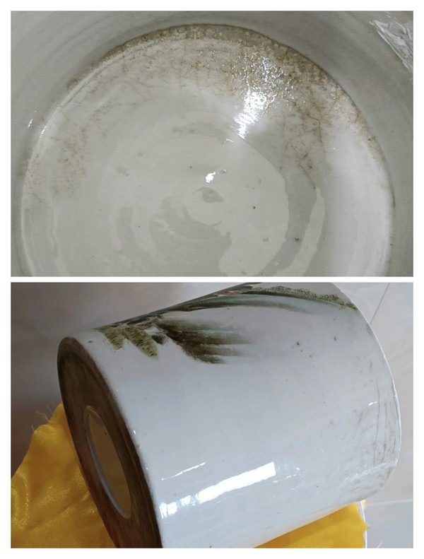 古玩陶瓷晚清民國青綠山水粉彩壺改大筆筒拍賣,當前價格298元