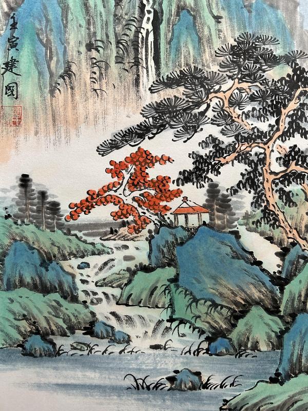 古玩字畫大紅袍畫家胡建國(guó)精品作品《松瀑圖》拍賣，當(dāng)前價(jià)格980元