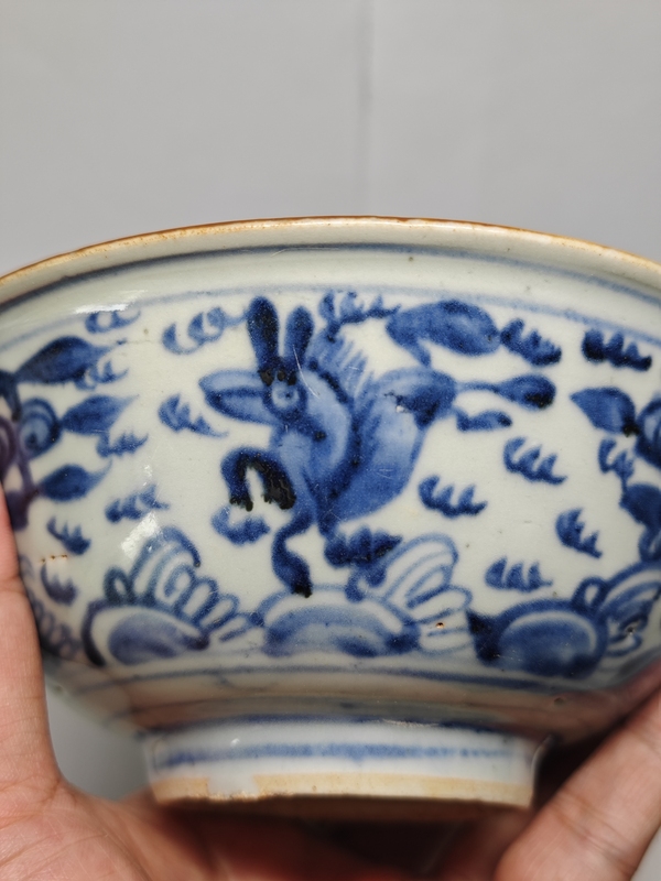 古玩陶瓷明中·青花海馬紋碗拍賣,當前價格6666元