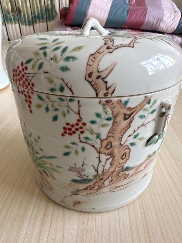 古玩陶瓷同治細路粉彩九桃花紋蓋缸拍賣,當前價格8500元