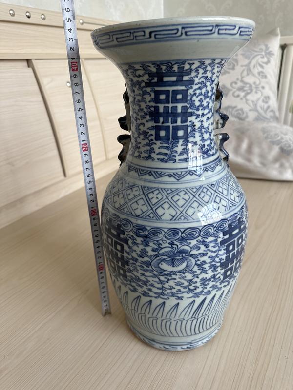 古玩陶瓷清中期.青花纏枝花卉喜字紋盤口大瓶拍賣,當前價格4500元