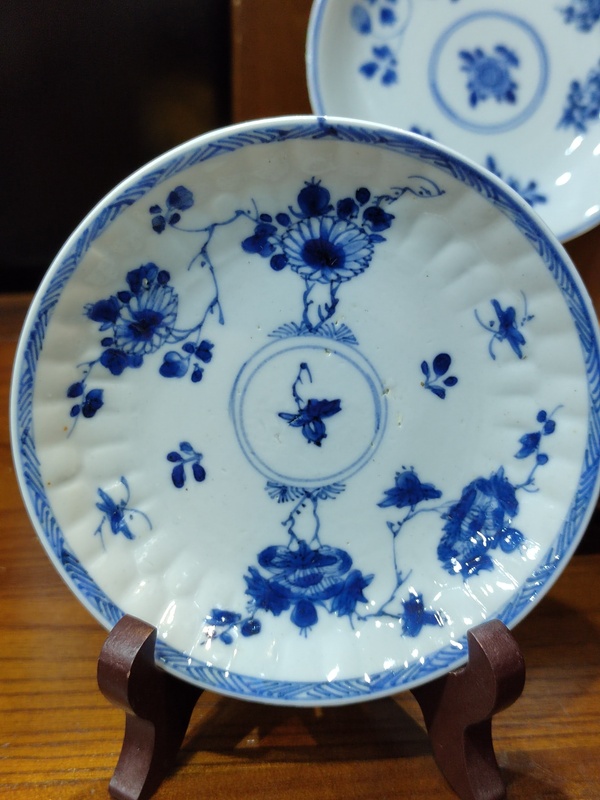 古玩陶瓷清康熙花卉紋青花盤一對拍賣,當前價格1508元