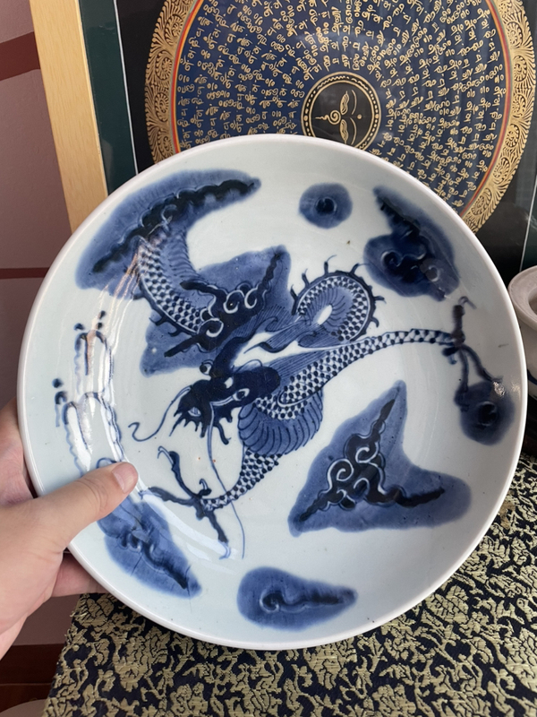 古玩陶瓷雍乾閉嘴過墻龍紋青花盤拍賣,當前價格12000元