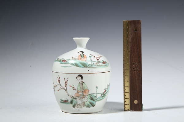 古玩陶瓷民國(guó)·淺絳彩桃花仕女紋蓋缸拍賣(mài)，當(dāng)前價(jià)格115元