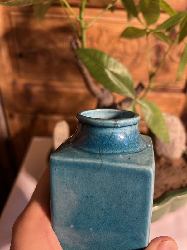 古玩陶瓷【精品單色釉·清末民國】孔雀藍釉琮式瓶拍賣,當前價格3800元