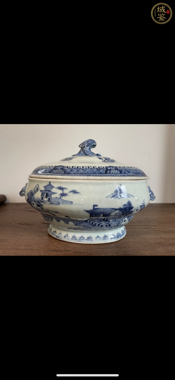 古玩瓷器青花山水盖盆真品鉴赏图