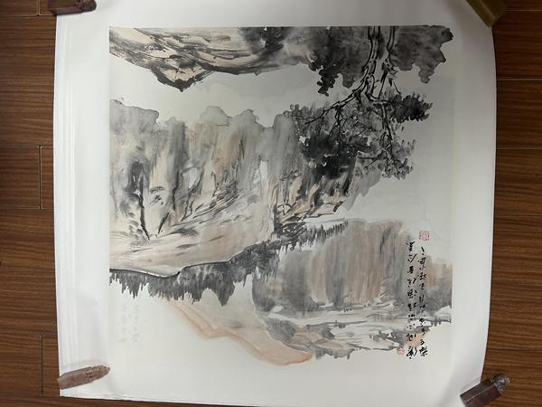 古玩字畫朱玉斌精品斗方山水拍賣,當(dāng)前價(jià)格450元