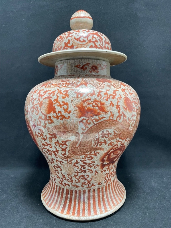古玩陶瓷哥釉礬紅描金雙龍穿花將軍罐拍賣,當前價格8000元