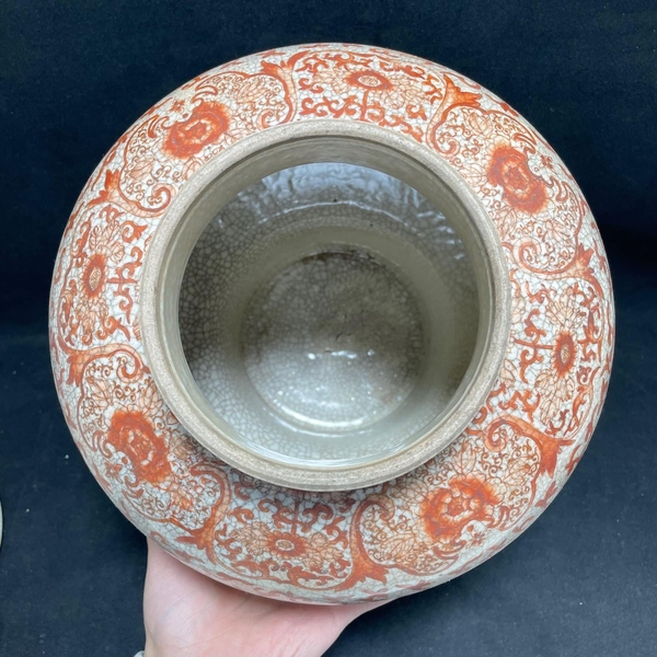 古玩陶瓷哥釉礬紅描金雙龍穿花將軍罐拍賣,當前價格8000元