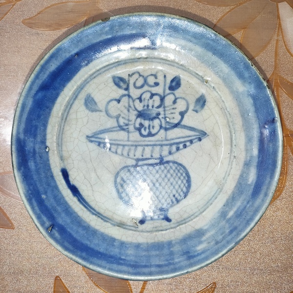 古玩陶瓷清末民國,青花提藍花紋盤拍賣,當前價格160元