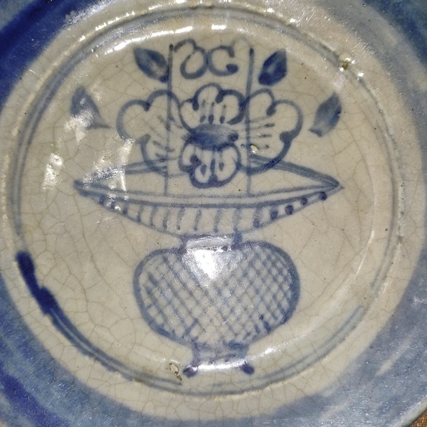 古玩陶瓷清末民國,青花提藍花紋盤拍賣,當前價格160元
