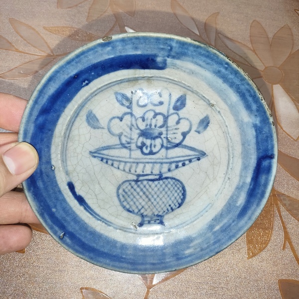 古玩陶瓷清末民國,青花提藍花紋盤拍賣,當前價格160元