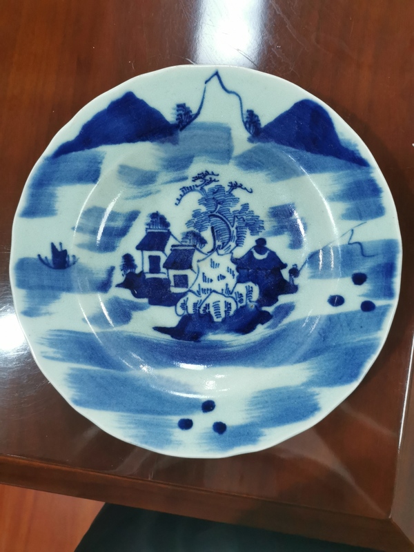 古玩陶瓷豆青青花山水紋盤拍賣,當前價格2000元