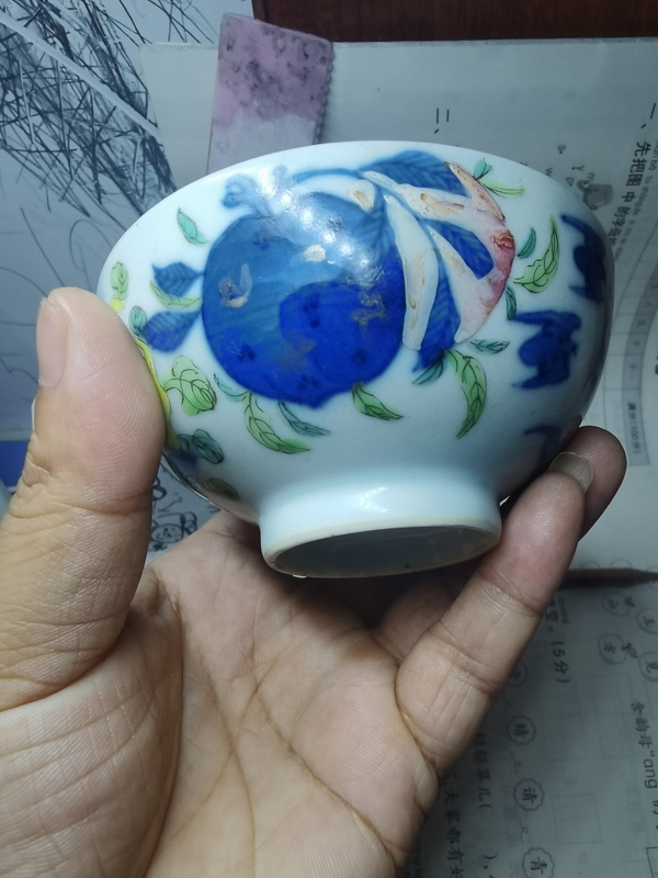 古玩陶瓷【道光精品】清道光細路青花粉彩描金三多紋杯拍賣，當前價格1388元