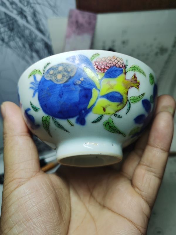 古玩陶瓷【道光精品】清道光細(xì)路青花粉彩描金三多紋杯拍賣，當(dāng)前價(jià)格1388元