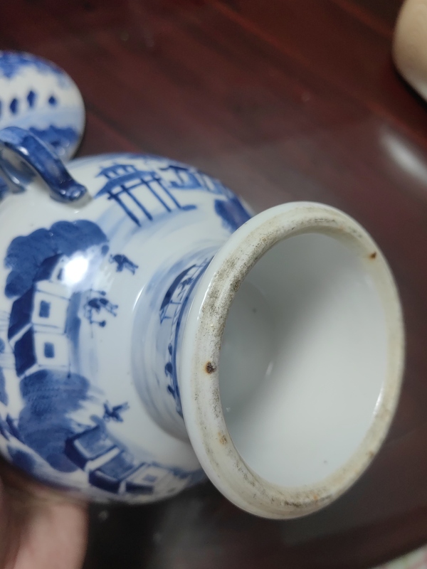 古玩陶瓷乾隆樓臺亭閣山水紋青花高足暖鍋拍賣,當前價格33000元
