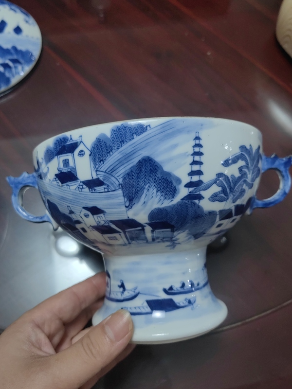 古玩陶瓷乾隆樓臺亭閣山水紋青花高足暖鍋拍賣,當前價格33000元