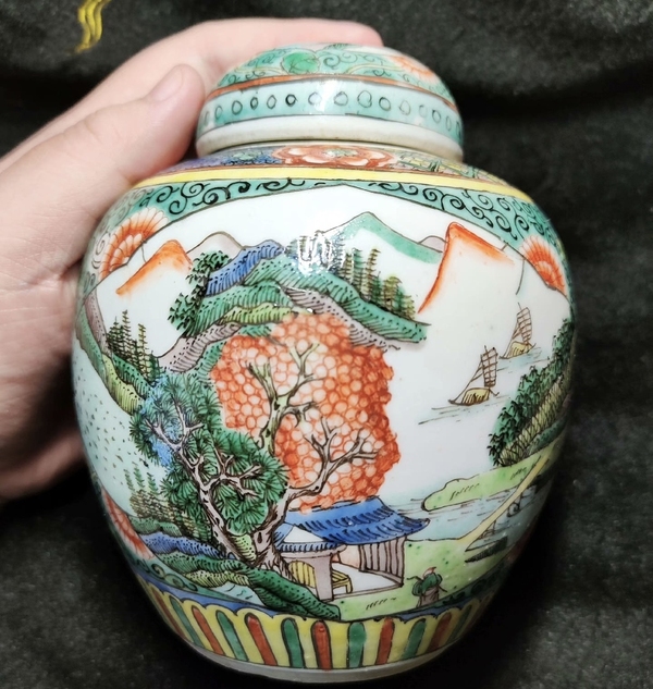古玩陶瓷【精品】清光緒·五彩山水高仕花鳥紋蓋罐拍賣,當前價格6600元