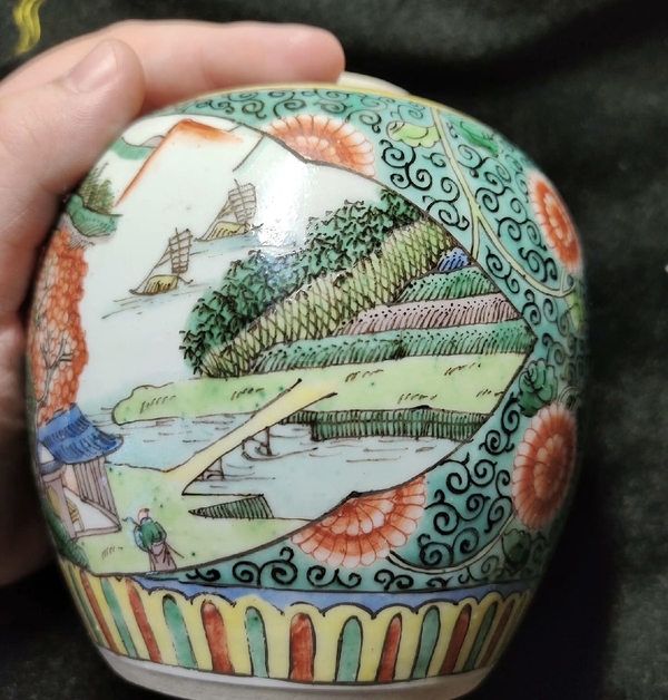 古玩陶瓷【精品】清光緒·五彩山水高仕花鳥紋蓋罐拍賣,當前價格6600元