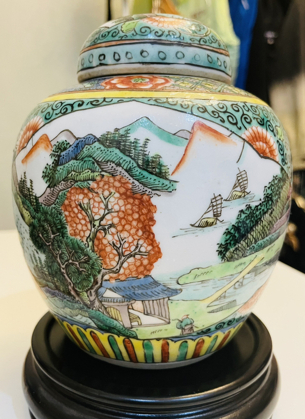 古玩轉賣【精品】清光緒·五彩山水高仕花鳥紋蓋罐拍賣,當前價格10元