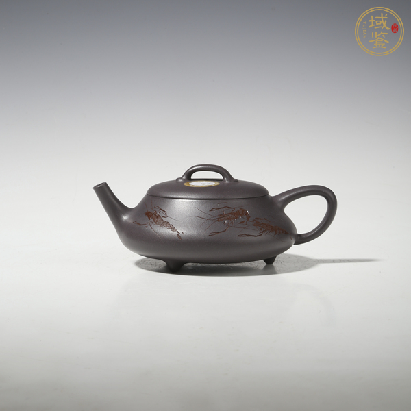 古玩當代·王文娟制天青泥刻蝦紋石瓢壺真品鑒賞圖