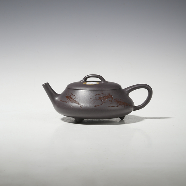 古玩嚴(yán)選當(dāng)代·王文娟制天青泥刻蝦紋石瓢壺拍賣，當(dāng)前價(jià)格288元