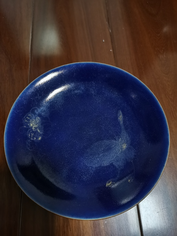 古玩陶瓷清乾隆霽藍釉描金瓜蝶連綿盤拍賣,當前價格5000元