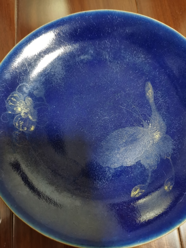 古玩陶瓷清乾隆霽藍釉描金瓜蝶連綿盤拍賣,當前價格5000元