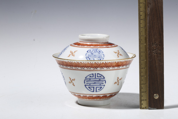古玩陶瓷清·道光·礬紅料彩福壽紋蓋碗拍賣，當前價格1152元