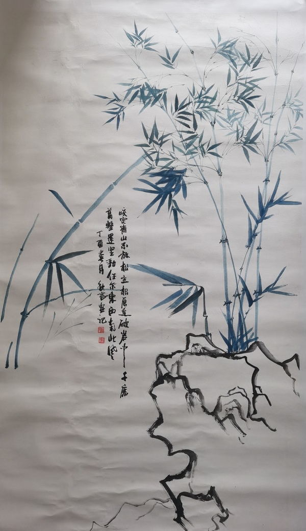 古玩字畫***線山水畫派創(chuàng)始人中美協(xié)中書協(xié)會(huì)員李可染大師再傳弟子劉秋言竹石圖拍賣，當(dāng)前價(jià)格1288元