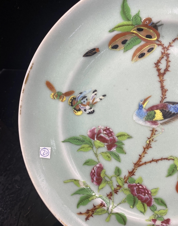 古玩陶瓷豆青釉廣彩花鳥紋折沿盤拍賣,當前價格4500元