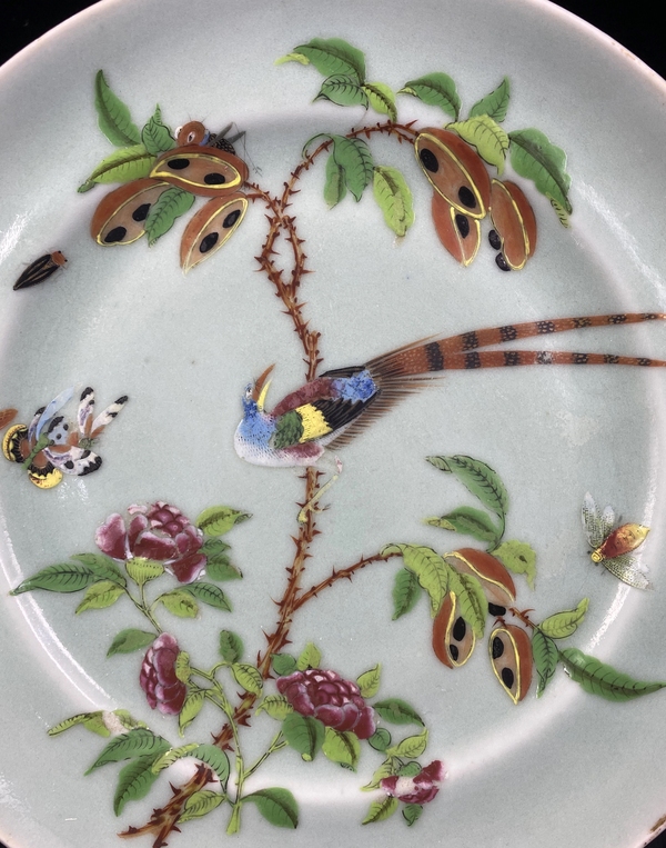 古玩陶瓷豆青釉廣彩花鳥紋折沿盤拍賣,當前價格4500元