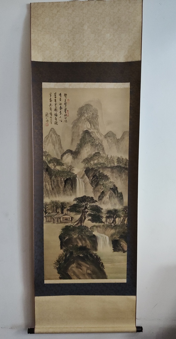 古玩字畫中國(guó)南派山水畫大師臺(tái)灣著名畫家簡(jiǎn)大坤山居圖絹本手工原裱立軸拍賣，當(dāng)前價(jià)格688元