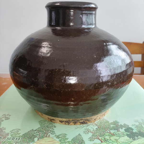 古玩陶瓷明代,磁州窯醬釉玄紋高領罐拍賣,當前價格800元