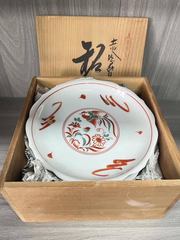 古玩陶瓷民國 極品 紅綠彩鳳穿牡丹圖菱口盤五套拍賣，當前價格500元