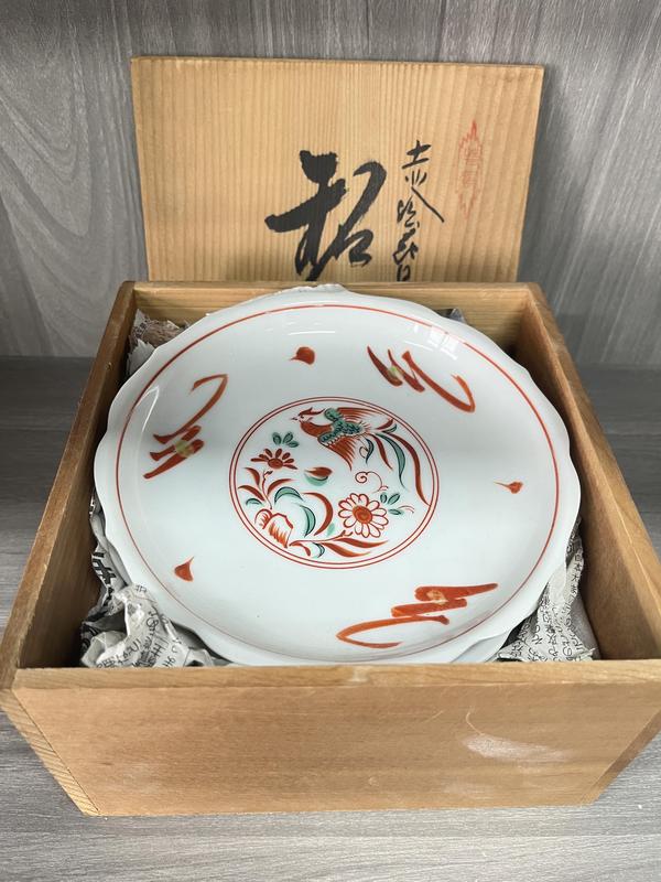 古玩陶瓷民國 極品 紅綠彩鳳穿牡丹圖菱口盤五套拍賣,當前價格500元