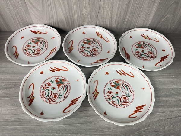 古玩陶瓷民國 極品 紅綠彩鳳穿牡丹圖菱口盤五套拍賣,當前價格500元