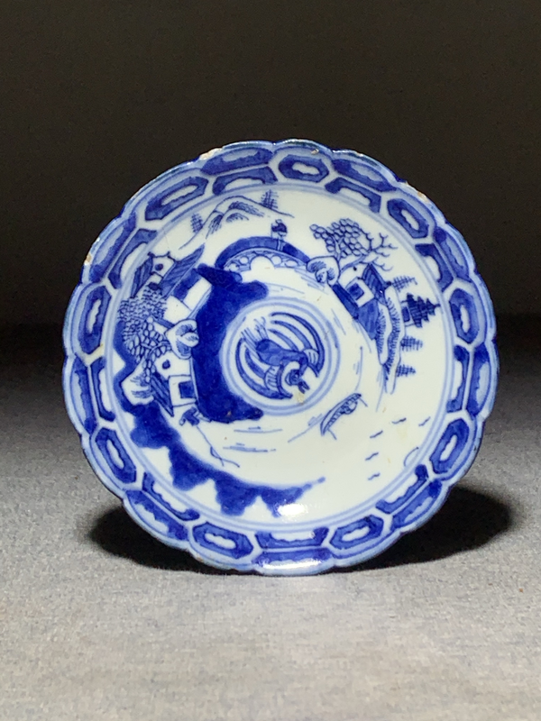 域鉴古玩】【清仓大处理】清道光青花山水人物团鶴纹花口盘拍卖价格/图片/值多少钱