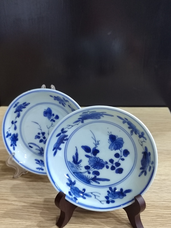 古玩陶瓷清康熙花卉紋青花盤一對拍賣,當前價格1500元