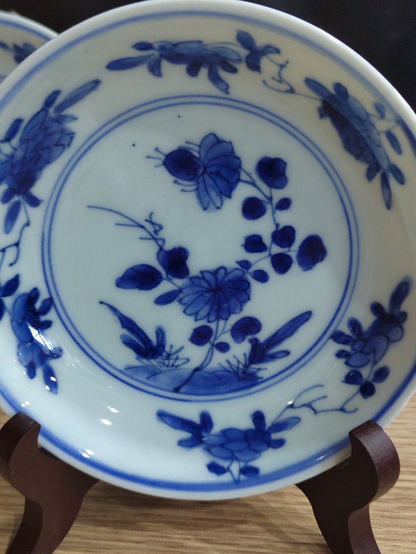 古玩陶瓷清康熙花卉紋青花盤一對拍賣,當前價格1500元
