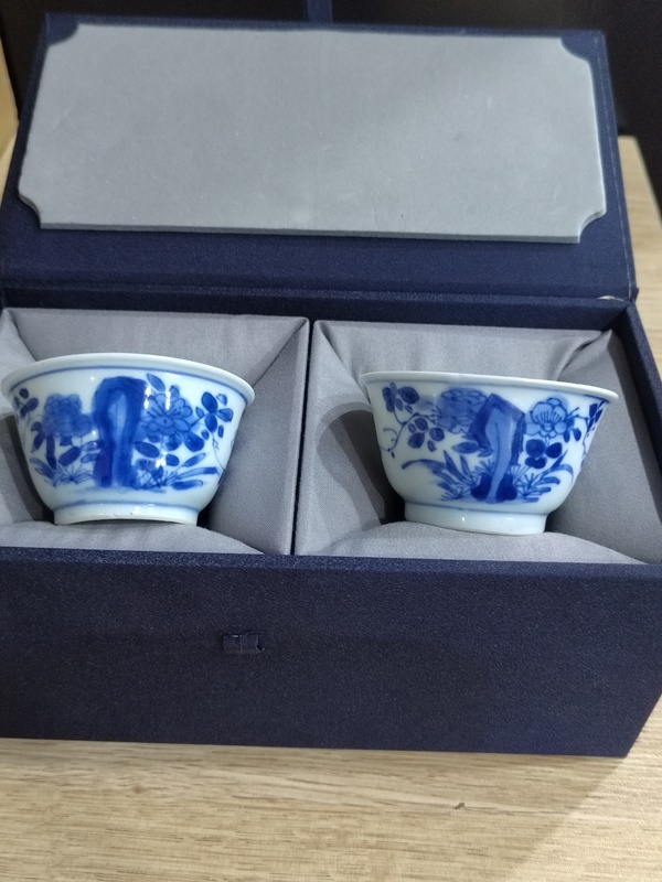 古玩陶瓷清康熙花蝶紋青花主人杯一對拍賣,當前價格2288元
